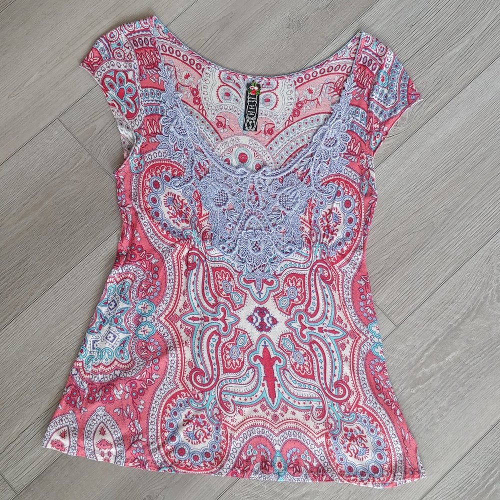Free People crochet-neck cap-sleeve boho knit top